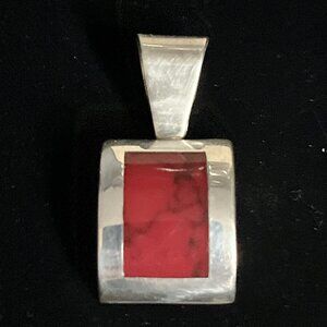 Vintage Taxco Sterling Silver Red Jasper Modernist Pendant 14.4g Chunky 1.65"
